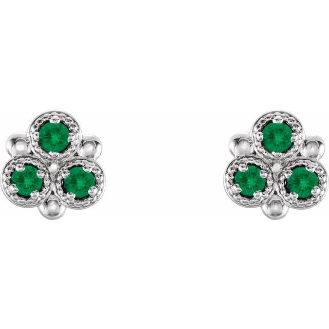 14K White Lab-Grown Emerald Three-Stone Earrings
