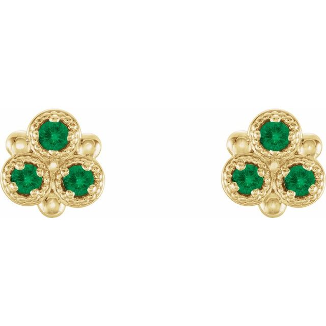 14K Yellow Lab-Grown Emerald Three-Stone Earrings