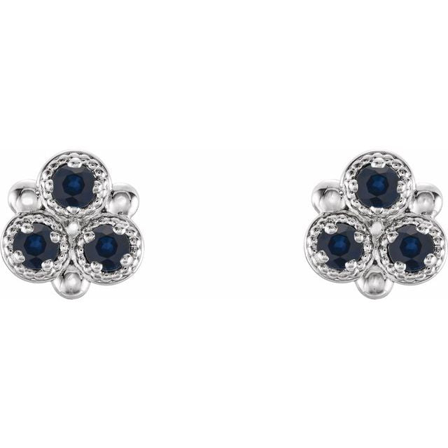 Platinum Lab-Grown Blue Sapphire Three-Stone Earrings