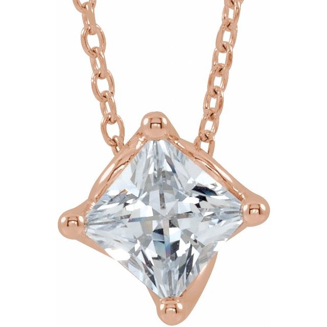 14K Rose 5x5 mm Square Natural White Sapphire Solitaire 16-18" Necklace