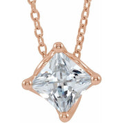 14K Rose 4.5x4.5 mm Square Natural White Sapphire Solitaire 16-18" Necklace