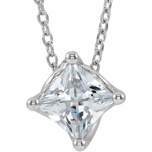 Sterling Silver 4.5x4.5 mm Square Natural White Sapphire Solitaire 16-18" Necklace