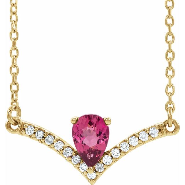 14K Yellow Natural Pink Tourmaline & .06 CTW Natural Diamond 16" Necklace