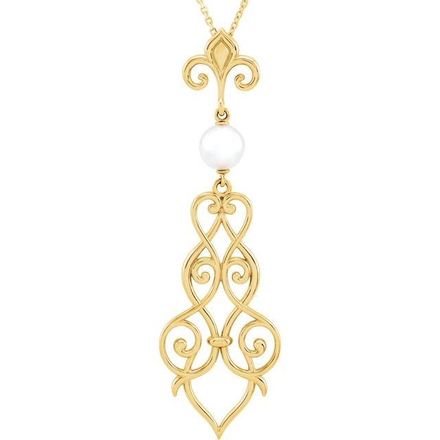 14K Yellow Cultured Akoya Pearl Fleur-de-lis Scroll 18" Necklace