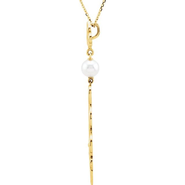 14K Yellow Cultured Akoya Pearl Fleur-de-lis Scroll 18" Necklace