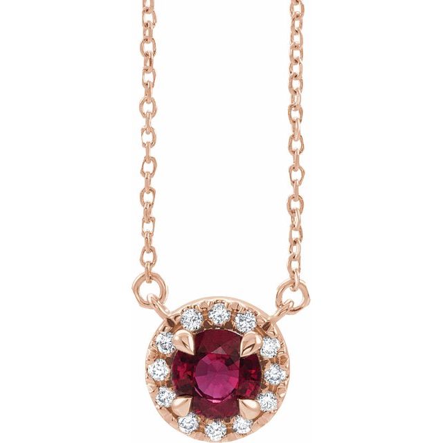 14K Rose 6.5 mm Lab-Grown Ruby 1/6 CTW Natural Diamond 16" Necklace