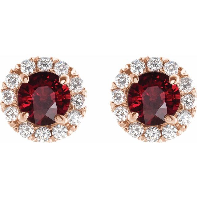 14K Rose 6 mm Natural Mozambique Garnet & 1/3 CTW Natural Diamond Halo-Style Earrings