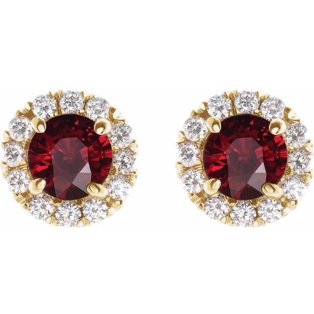 14K Yellow 6 mm Natural Mozambique Garnet & 1/3 CTW Natural Diamond Halo-Style Earrings