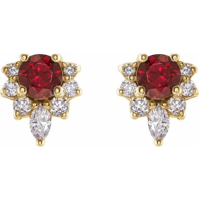 14K Yellow Natural Mozambique Garnet & 1/6 CTW Natural Diamond Earrings