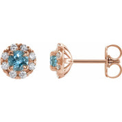 14K Rose 6 mm Natural Aquamarine & 1/3 CTW Natural Diamond Halo-Style Earrings