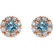 14K Rose 6 mm Natural Aquamarine & 1/3 CTW Natural Diamond Halo-Style Earrings