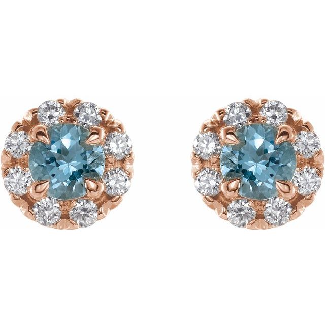 14K Rose 6 mm Natural Aquamarine & 1/3 CTW Natural Diamond Halo-Style Earrings