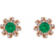 14K Rose Lab-Grown Emerald & 1/6 CTW Natural Diamond Halo-Style Earrings