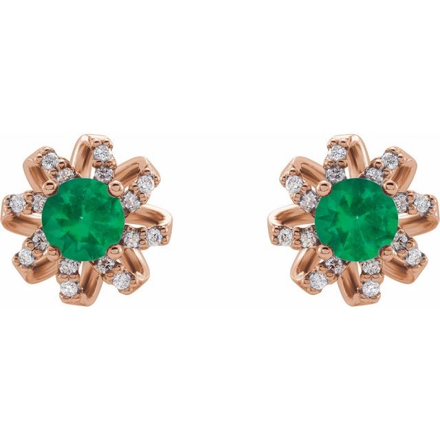 14K Rose Lab-Grown Emerald & 1/6 CTW Natural Diamond Halo-Style Earrings