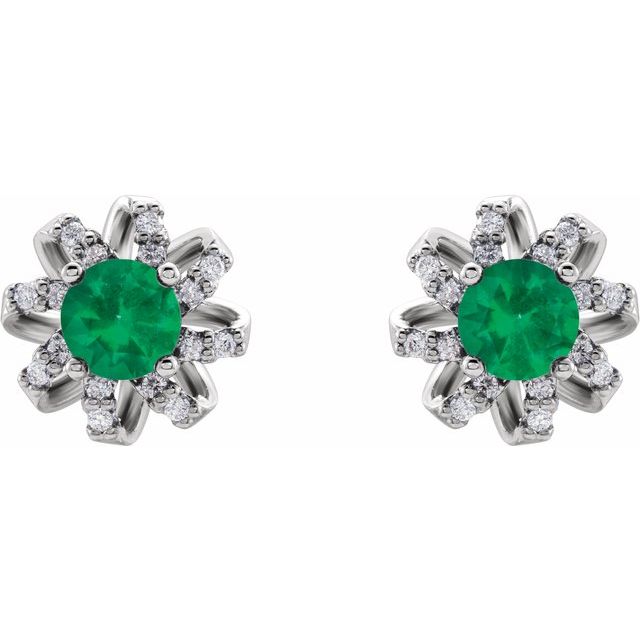 14K White Lab-Grown Emerald & 1/6 CTW Natural Diamond Halo-Style Earrings