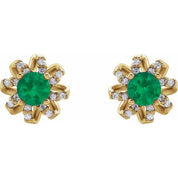 14K Yellow Lab-Grown Emerald & 1/6 CTW Natural Diamond Halo-Style Earrings