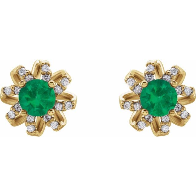 14K Yellow Lab-Grown Emerald & 1/6 CTW Natural Diamond Halo-Style Earrings