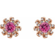 14K Rose Natural Pink Tourmaline & 1/6 CTW Natural Diamond Halo-Style Earrings