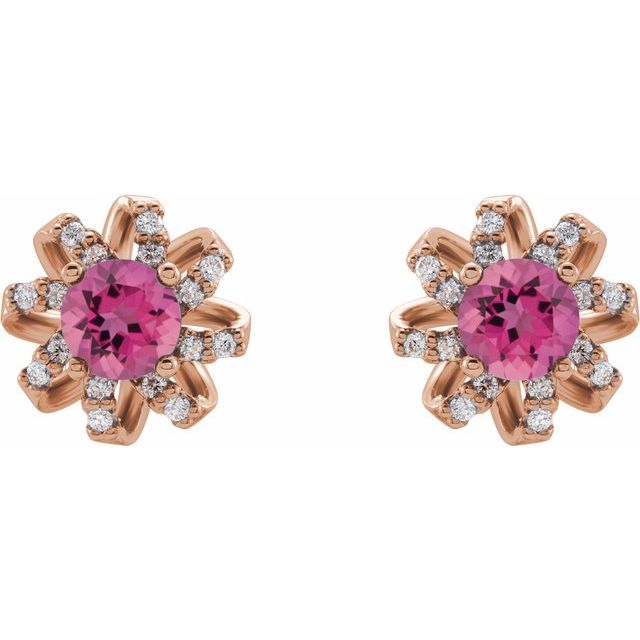 14K Rose Natural Pink Tourmaline & 1/6 CTW Natural Diamond Halo-Style Earrings
