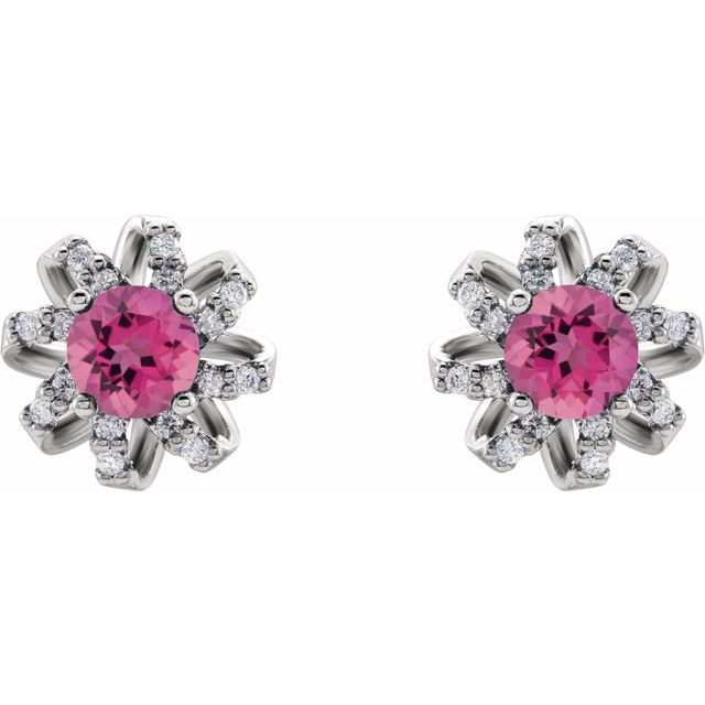 Sterling Silver Natural Pink Tourmaline & 1/6 CTW Natural Diamond Halo-Style Earrings