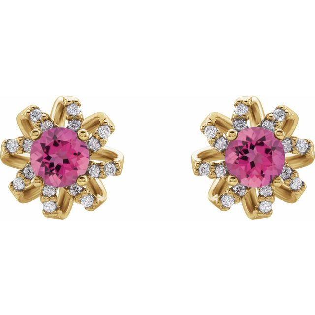 14K Yellow Natural Pink Tourmaline & 1/6 CTW Natural Diamond Halo-Style Earrings