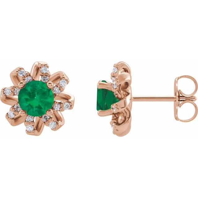 14K Rose Lab-Grown Emerald & 1/6 CTW Natural Diamond Halo-Style Earrings
