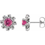 Sterling Silver Natural Pink Tourmaline & 1/6 CTW Natural Diamond Halo-Style Earrings