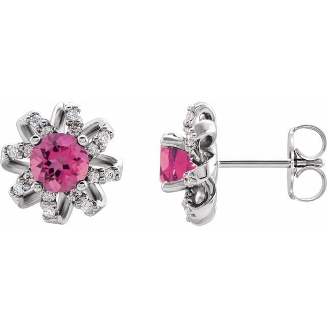 Sterling Silver Natural Pink Tourmaline & 1/6 CTW Natural Diamond Halo-Style Earrings
