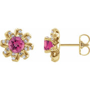 14K Yellow Natural Pink Tourmaline & 1/6 CTW Natural Diamond Halo-Style Earrings