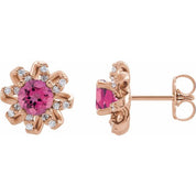 14K Rose Natural Pink Tourmaline & 1/6 CTW Natural Diamond Halo-Style Earrings