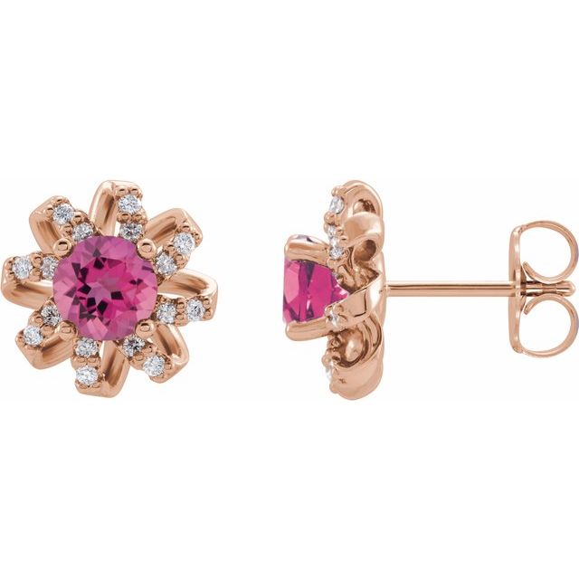14K Rose Natural Pink Tourmaline & 1/6 CTW Natural Diamond Halo-Style Earrings