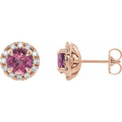 14K Rose 6 mm Natural Pink Tourmaline & 1/3 CTW Natural Diamond Halo-Style Earrings