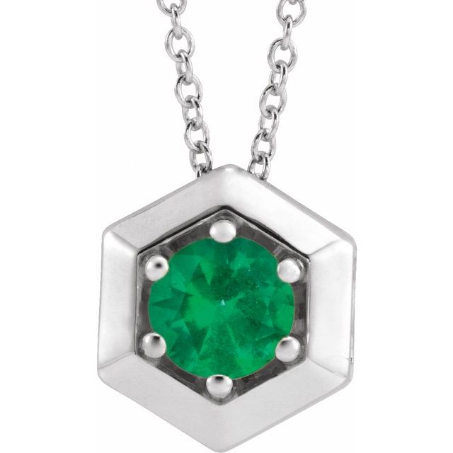 Sterling Silver Lab-Grown Emerald Geometric 16-18" Necklace