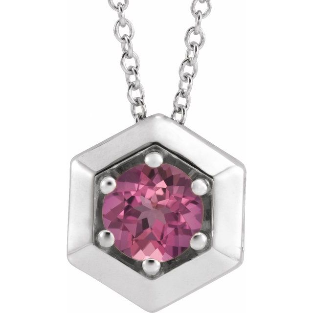 Sterling Silver Natural Pink Tourmaline Geometric 16-18" Necklace
