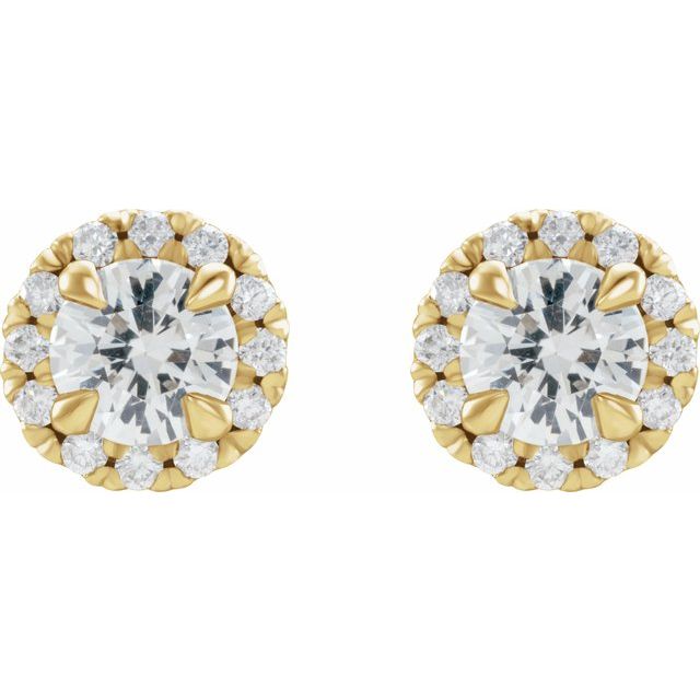 14K Yellow 6 mm Natural White Sapphire & 1/3 CTW Natural Diamond Halo-Style Earrings