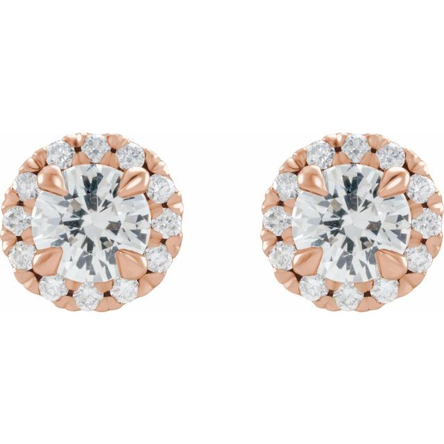 14K Rose 6 mm Natural White Sapphire & 1/3 CTW Natural Diamond Halo-Style Earrings