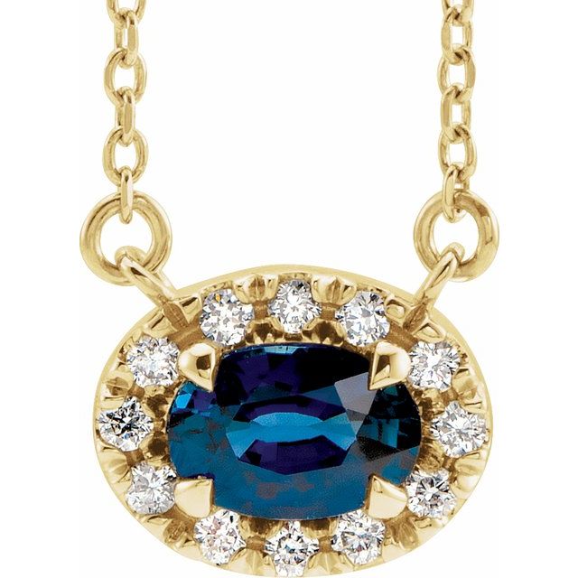 14K Lab-Grown Blue Sapphire & 1/6 CTW Natural Diamond Necklace with 7x5 mm Stone