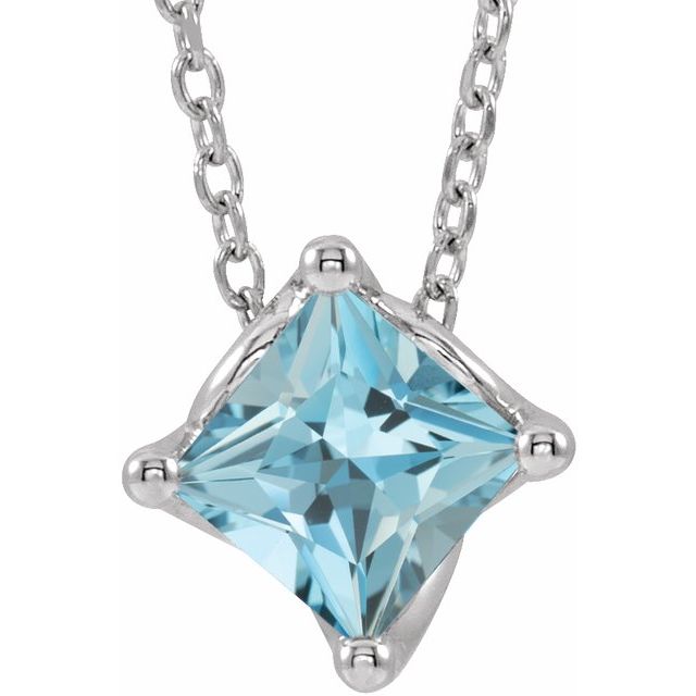 14K White 5x5 mm Square Natural Aquamarine Solitaire 16-18" Necklace