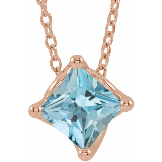 14K Rose 5x5 mm Square Natural Aquamarine Solitaire 16-18" Necklace
