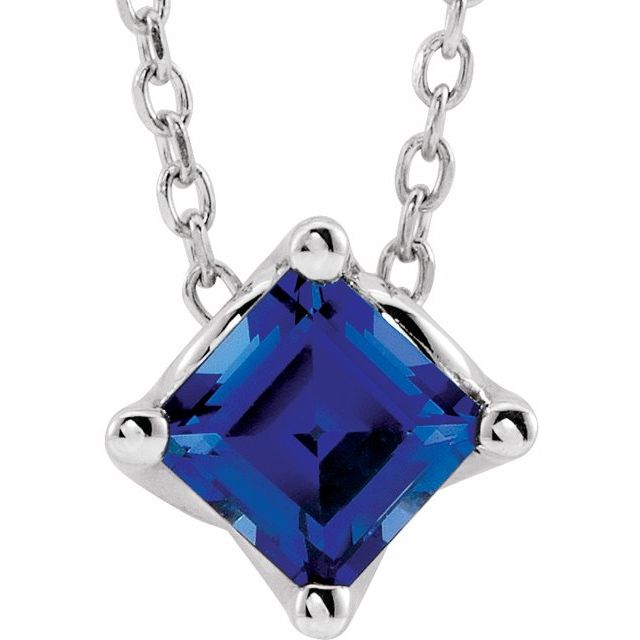 Sterling Silver 5x5 mm Square Lab-Grown Blue Sapphire Solitaire 16-18" Necklace