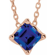 14K Rose 5x5 mm Square Lab-Grown Blue Sapphire Solitaire 16-18" Necklace