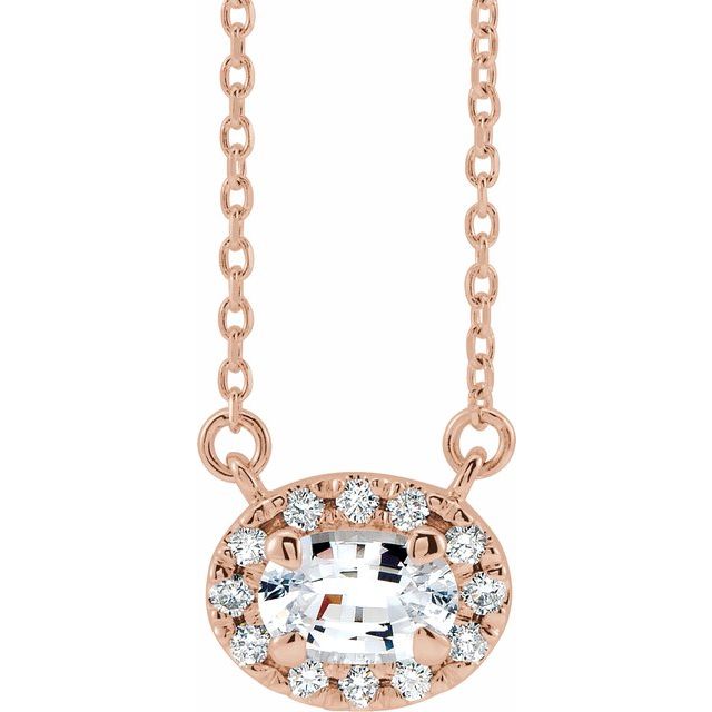14K Rose 6x4 mm Natural White Sapphire & 1/10 CTW Natural Diamond 18" Necklace