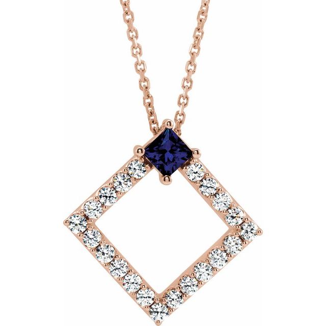 14K Rose Natural Blue Sapphire & 3/8 CTW Natural Diamond 16-18" Necklace