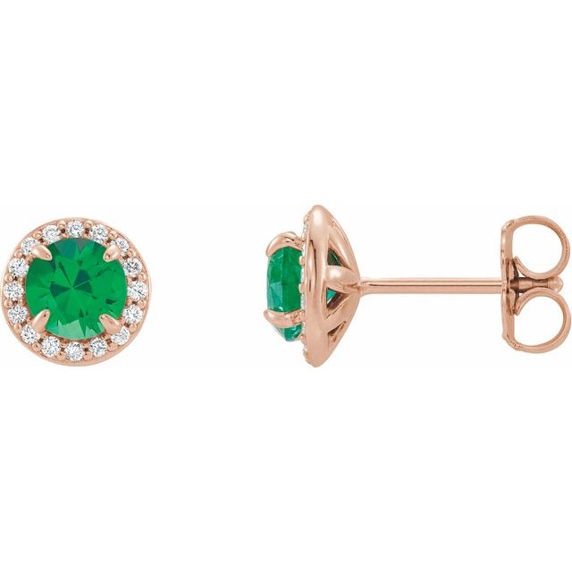 14K Rose 5 mm Lab-Grown Emerald & 1/8 CTW Natural Diamond Earrings