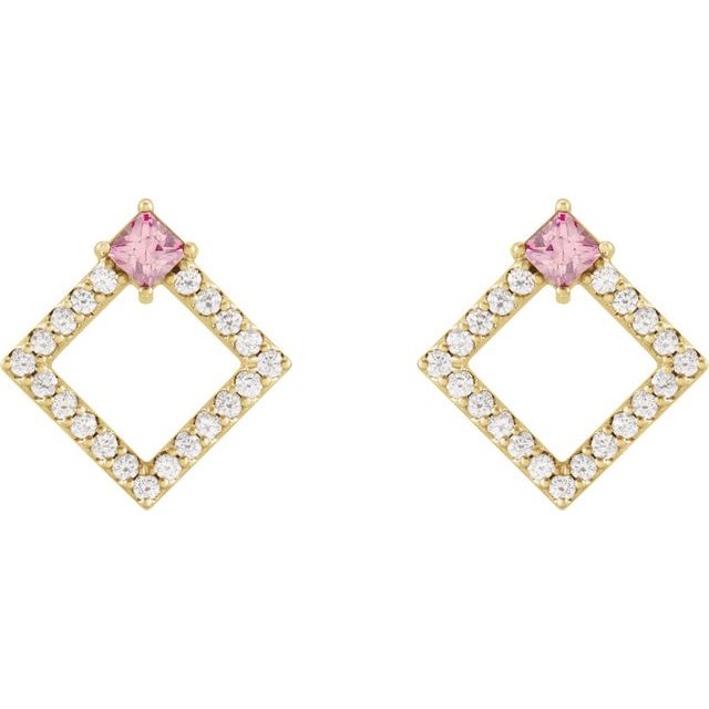 14K Yellow Natural Pink Tourmaline & 1/3 CTW Natural Diamond Earrings
