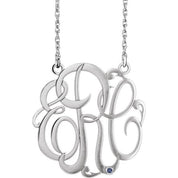 Rhodium-Plated Sterling Silver 30 mm 3-Initial Imitation Tanzanite Script Monogram Necklace