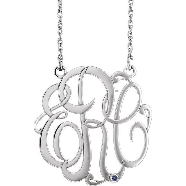 Rhodium-Plated Sterling Silver 30 mm 3-Initial Imitation Tanzanite Script Monogram Necklace