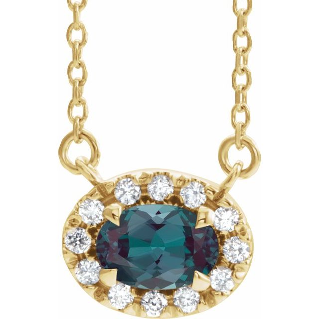14K Yellow 5x3 mm Lab-Grown Alexandrite & .05 CTW Natural Diamond 16" Necklace