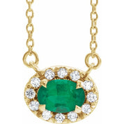 14K Yellow 5x3 mm Lab-Grown Emerald & .05 CTW Natural Diamond 16" Necklace