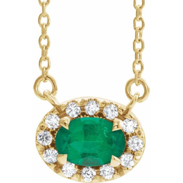 14K Yellow 5x3 mm Lab-Grown Emerald & .05 CTW Natural Diamond 16" Necklace